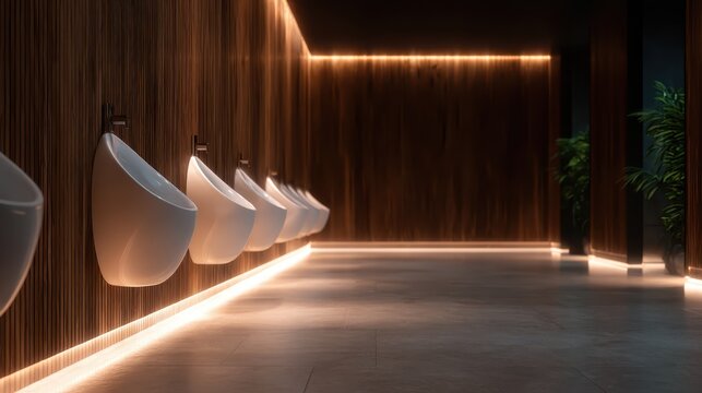 A sleek and modern bathroom features illuminated urinals against a wooden wall, showcasing a stylish design that combines functionality with contemporary aesthetics.