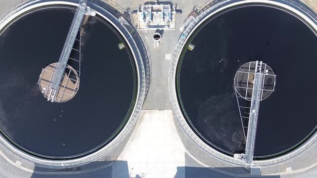 Aerial top down view of circular water treatment tanks at industrial facility in Ballarat Victoria Australia