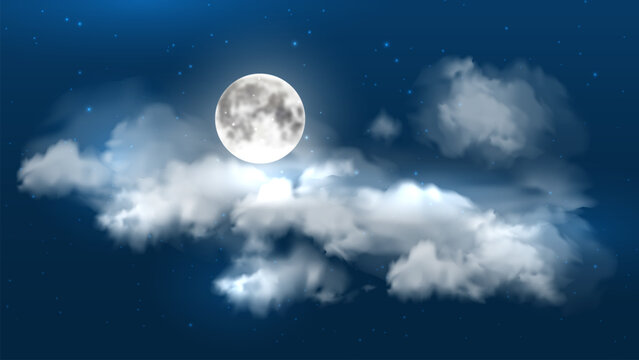 Realistic night sky background with full moon, clouds and stars