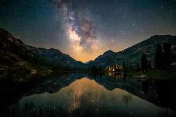 Poster Reflectie A starry night over a remote alpine lake, the milky way galaxy reflected perfectly in the still, black water, astrophotography, long exposure   © javeria