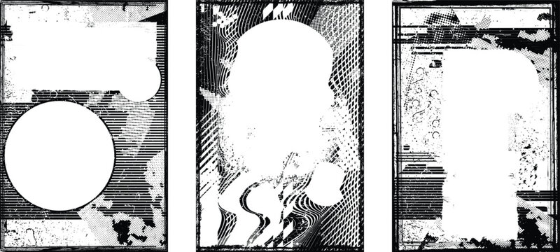 Framed grungy isolated layers . Design element for brochure, social media, posters, flyers. Overlay texture.Textured banner with Distress effect .Vector halftone dots . Screen print texture