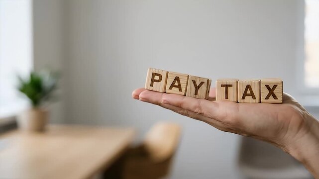 Pay tax concept with wooden blocks on hand symbolizing financial responsibility and obligation in business economy, illustrating tax payment and finance ideas for economic growth