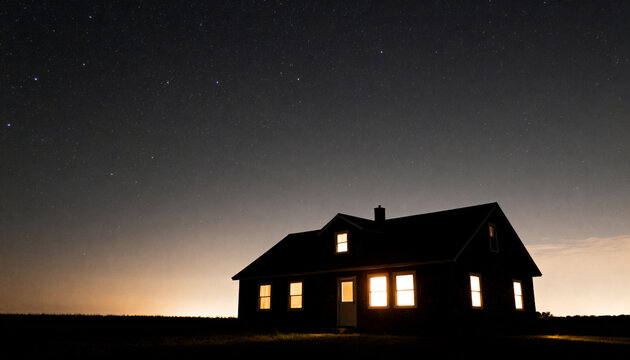 Glowing detached farmhouse emitting warm light through windows, door on grassy plain, starry sky