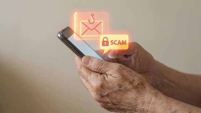 Phishing scam alert smartphone held by elderly hands warning email fraud cybercrime risk highlighting online security digital safety threat concept mobile device communication