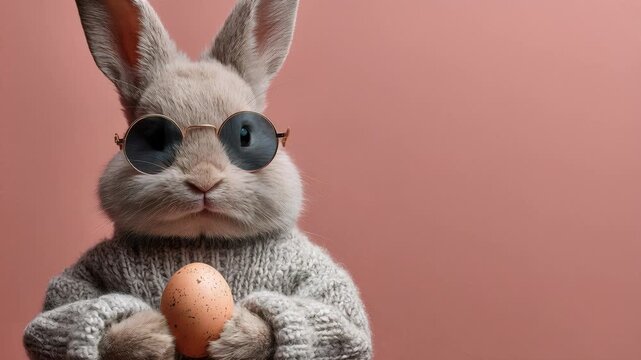 Rabbit wearing glasses and a sweater holding an egg. Cute bunny celebrating Easter. Animal character with a prop for seasonal greeting card decoration concept.