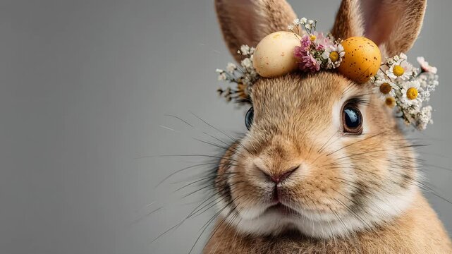 Cute brown bunny wearing a flower crown with tiny easter eggs on its head. Portrait of a rabbit preparing for easter, spring animal celebration design concept.