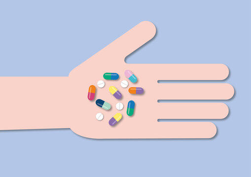 Person holding pills, conceptual illustration