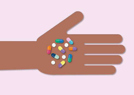 Person holding pills, conceptual illustration