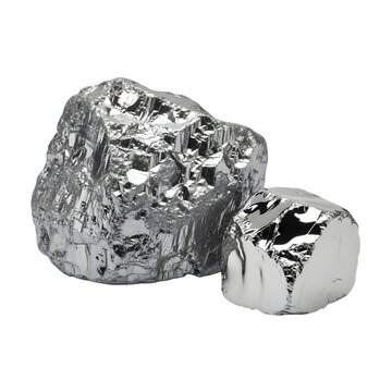 Two lumps of raw platinum metal ore with two rough, grey, metallic lumps