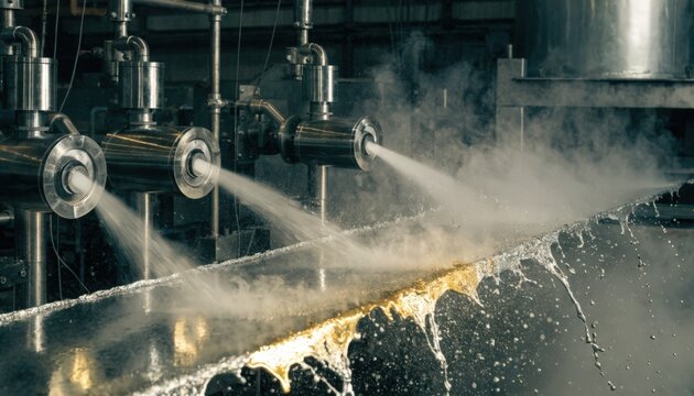 Medium shot showing air knives blowing off excess zinc from a hot steel strip postbath with visible steam and controlled coating thickness.