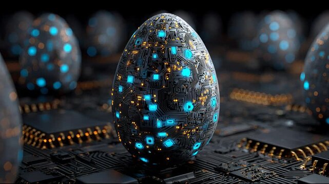 Cybernetic egg glowing with electronic circuit texture on microchip background. Robotic egg hatching concept for futuristic technology and artificial intelligence.
