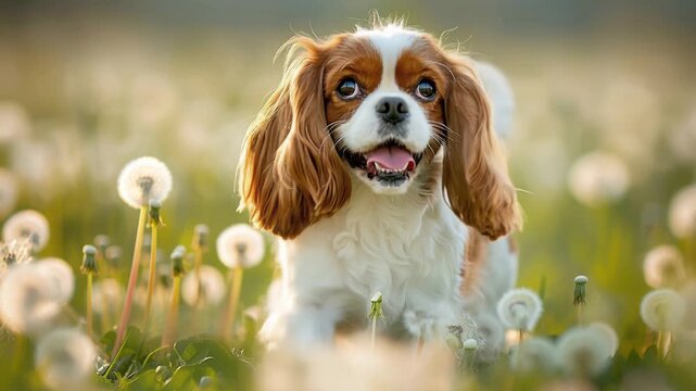 Cavalier king charles spaniel puppy playing in field with white dandelion flowers. Cute small dog walking through meadow at sunny spring day, nature background.