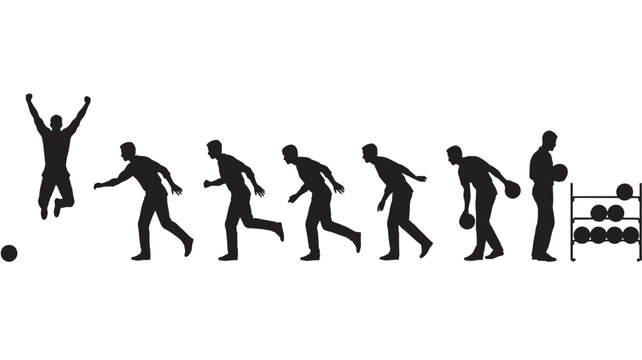 Silhouettes of a person playing bowling, showing the full sequence from celebration to ball rack featuring bowler, silhouette, sport with game and