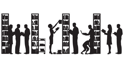 Silhouettes of people interacting with bookshelves and reading books in a library setting, symbolizing knowledge and education. © RASHIDAPARVIN