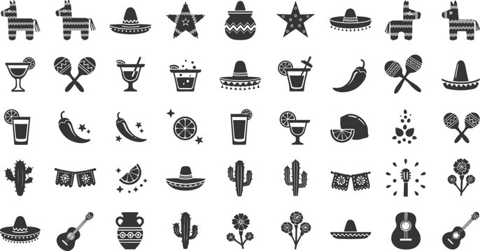 Mexican fiesta elements icons set with sombreros, Donkeys and cactus