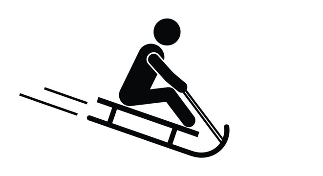 Simple black and white vector illustration of a stylized figure sledding downhill during winter recreational activity.