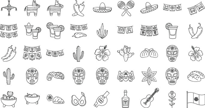 Mexican Fiesta Elements Line Drawings Collection