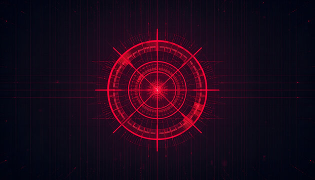 A bright red circular holographic weapon sight or crosshair graphic is centered against a dark background with subtle grid patterns and digital noise.
