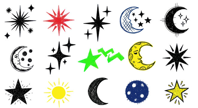 Hand-drawn celestial elements: stars, moons, sun, and constellations