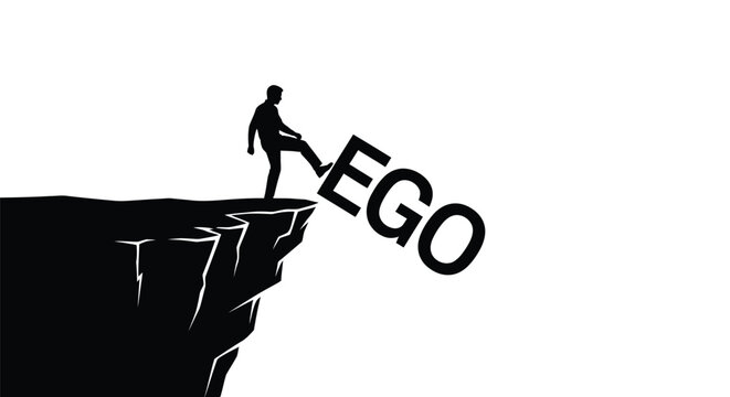 Man kicking word "ego" off a cliff in abstract vector illustration, symbolizing humility and personal growth.