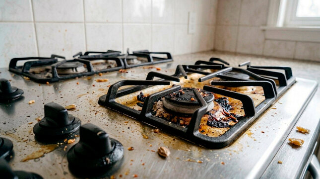 Close up of a dirty stainless steel gas stove in a kitchen. Messy stovetop covered in grease, burnt food, and crumbs. Household chore and cleaning concept