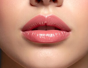 Fototapeta premium Close-up of glossy, pink lips and surrounding skin, subtly lit, revealing a smooth texture and natural tones