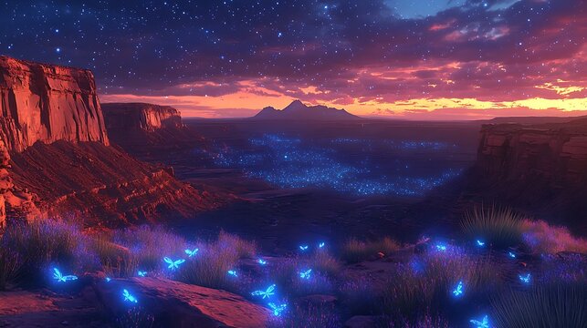 A captivating vista of desert cliffs and starry expanse infused with magical lights