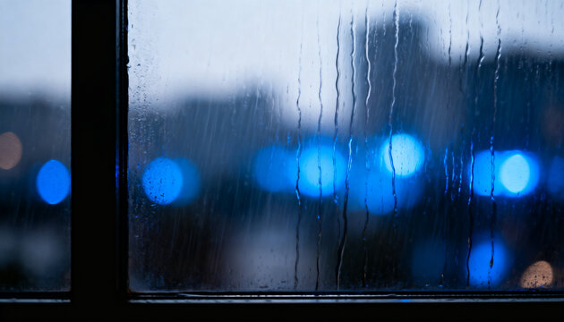 Framing raindrop-covered window pane revealing water streaks inside, with mullion and blue bokeh