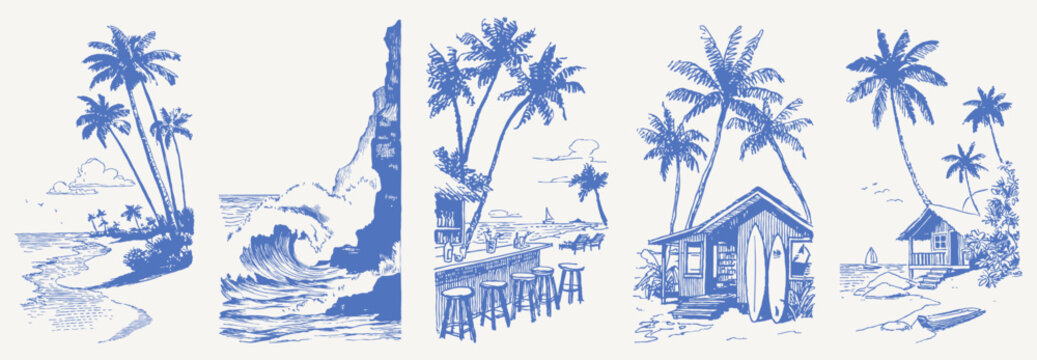 Coastal island huts vintage hand drawn crayon sketch. Line drawing set with palm trees, beach paths, bar counter, cliffs and waves. Graphic retro summer travel illustrations.