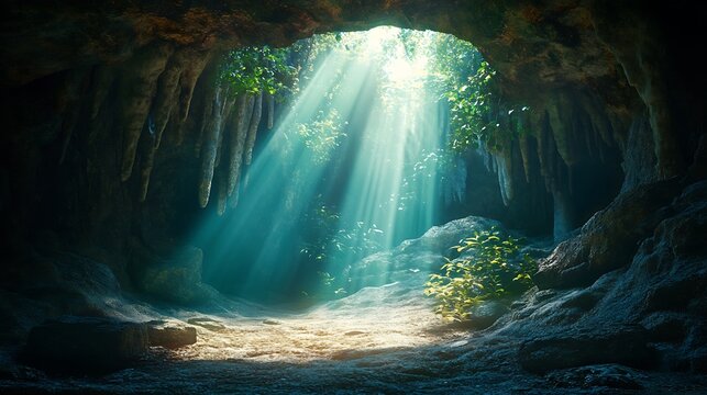 Sunlight Illuminating a Mysterious Cave with Lush Vegetation and Stalactites