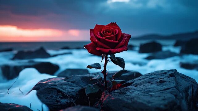A vibrant red rose on rocks against a sea and sunset sky