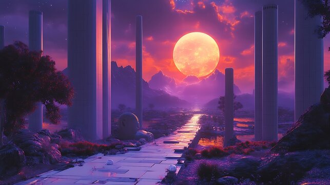 Harmonious convergence of nature and architecture beneath the luminous moon