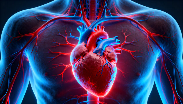 Highlighting 3D translucent chest revealing heart, aorta, pulmonary vessels on dark gradient