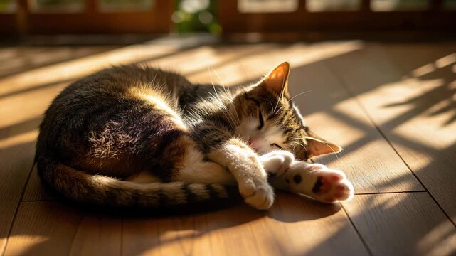 Tabby cat resting on wooden floor under sun rays. Domestic feline lying in sunlight patch at home. Peaceful animal napping in cozy interior living space scene.