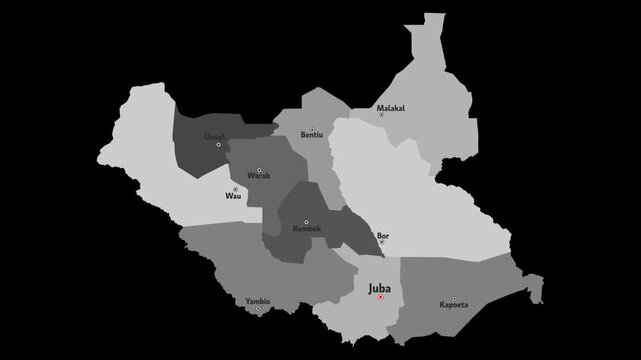 Vector map of South Sudan with names of cities and with borders city
