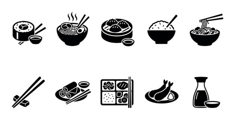 Collection of simple black and white icons representing various Asian dishes and ingredients, perfect for culinary or travel themes.