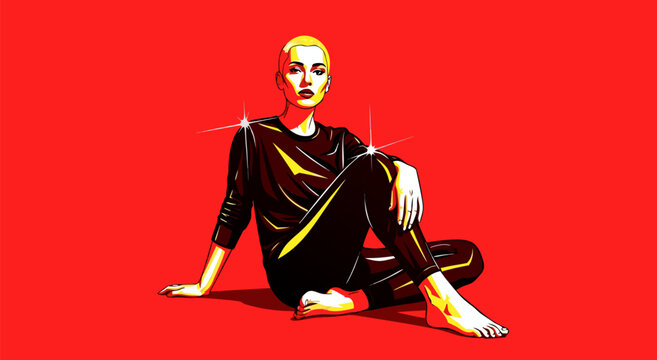 Striking Vector Illustration of a Fashionable Woman Posing Confidently on a Bold Red Background