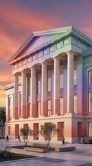 Fototapeta premium Modern Architectural Building at Sunset Architecture Building Sunset Columns Urban Landscape Exterior. Concept featuring architecture, building, sunset, columns, urban for professional commercial d...