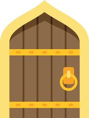 Naklejka premium Medieval wooden door with gold archway and handle depicting an entrance or exit