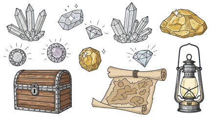 Treasure Chest, Map, Gems, Crystals, Lantern, Gold Nugget Icons Set © mus