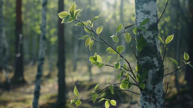 Young green birch leaves on a tree branch in a spring forest. Nature background featuring thin twigs with fresh foliage glowing in soft morning sunlight rays.