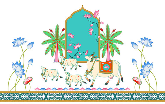 Ethnic Indian Cow Family with Lotus and Palm Tree Decorative Border Illustration