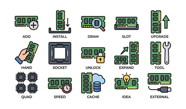 Computer ram installation and upgrade icons with tools and concepts