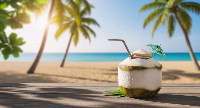 Tropical Coconut Drink on Wooden Table with Beach Background