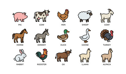 Fototapeta premium Collection of farm animals: pig, cow, hen, sheep, goat, and more