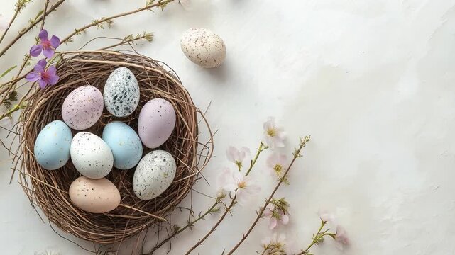 Easter nest with colorful painted eggs on white background. Spring holiday still life with blossom flowers. Decoration for springtime celebration and tradition.