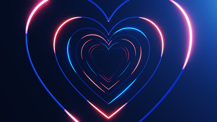 Fototapeta premium Abstract blue and pink neon hearts forming an endless glowing tunnel