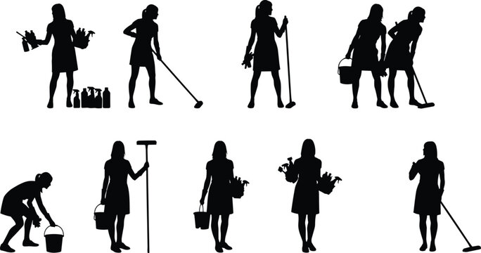 Professional cleaning service women silhouettes bundle featuring female cleaners with mop bucket spray bottles and supplies for domestic housekeeping janitorial work and commercial maintenance.