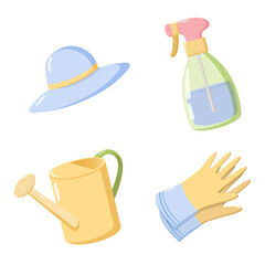 Obraz premium Cartoon-style illustration of gardening tools and accessories including blue sunhat, spray bottle, yellow watering can, and yellow gloves with blue cuffs, cheerful design for educational and decorativ