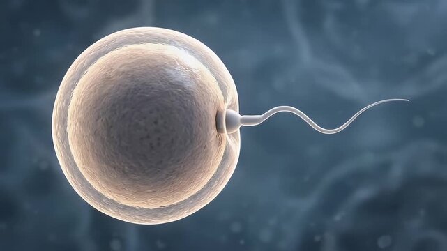 Egg and sperm fertilization process close up, microscopic view of reproduction biology, detailed cell interaction and conception science showing embryo and cellular structure illustration